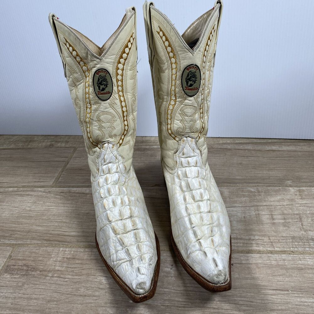 Donaldo Exotic Cowboy Boots - White Leather, Croc Print - Men’s Size 9 USA
